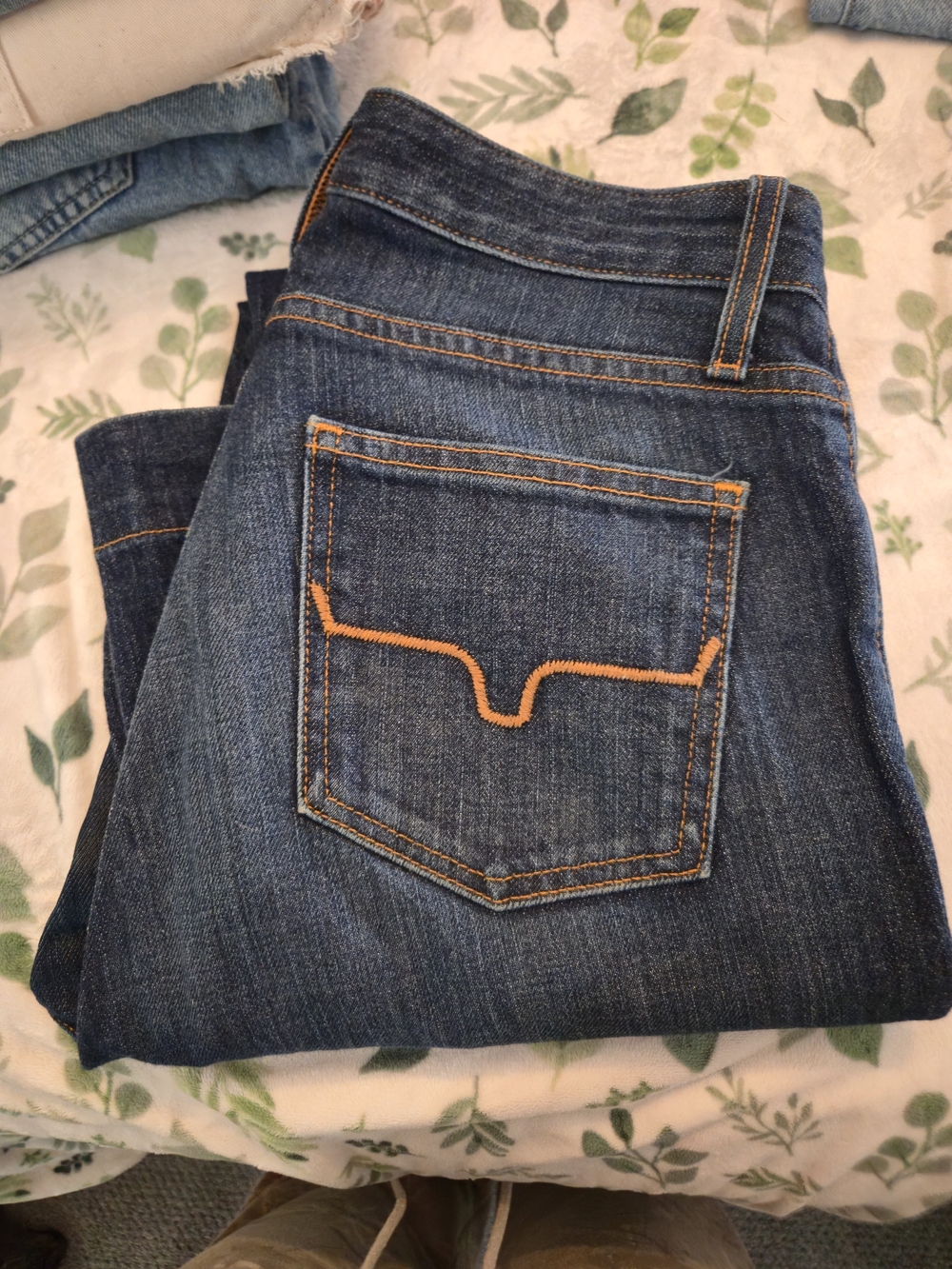 Kimes Ranch Dark Blue Boot Cut Jeans with Orange Stitching